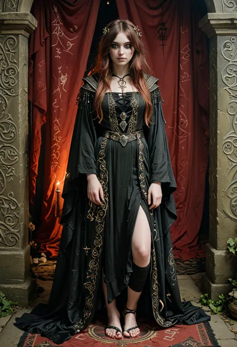 (medium full shot) of (eerie necromancer) young woman, british, pale skin, olive green eyes, willowy build, long red curtain bangs hair, wearing a black asymmetric  robe with mystical glow, sandals with enchanted designs, pale face paint, tattered cloak, set in  tower, ancient and mystical, runic symbols, glowing crystals, a sense of power , during a storm, woman smiling, ,Masterpiece,best quality, photo, realistic, very aesthetic, detailed face,