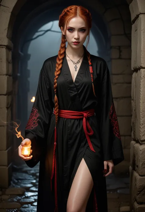 (medium full shot) of (haunting necromancer) young woman, korean, light skin, brown eyes, voluptuous build, medium ginger single...