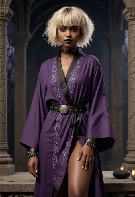 (medium full shot) of (mystical necromancer) young woman, african, dark skin, black eyes, slim build, short blonde curtain bangs...