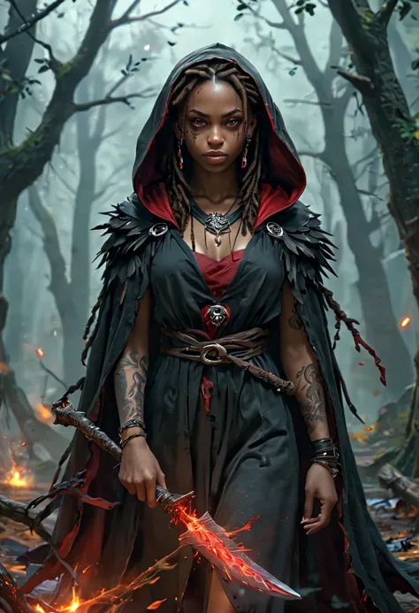 (medium full shot) of (sinister necromancer) young woman, black american, dark skin, light brown eyes, normal build, short dark ...