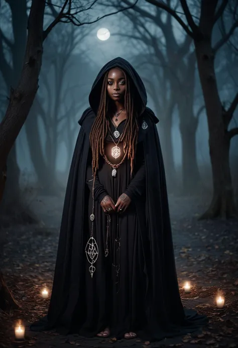 (medium full shot) of (haunting necromancer) young woman, african, dark skin, black eyes, slim build, long brown dreadlocks hair...