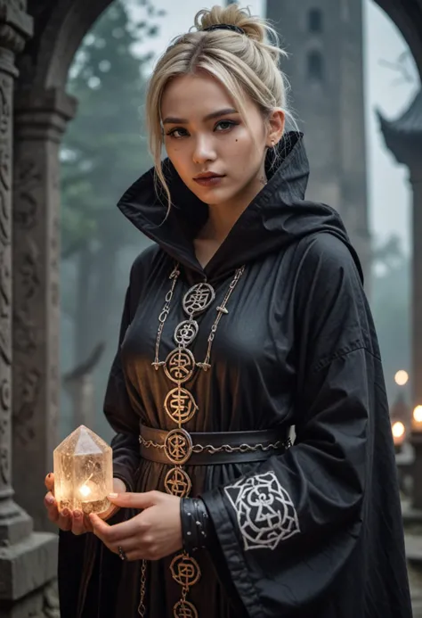 masterpiece, reality, 4k, (medium full shot) of (haunting necromancer) young woman, chinese, tan skin, hazel eyes, willowy build...