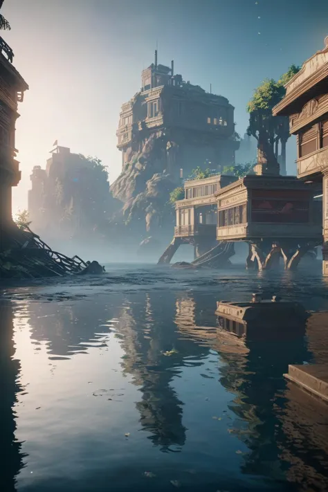 (8k, RAW photo, best quality, masterpiece:1.2), (realistic, photo-realistic:1.37), octane render, ultra high res, ultra-detailed , professional lighting, photon mapping, radiosity, physically-based rendering, ue5, ((island sanctuary)), ((ancient fallen kingdom)), ((reflections in water)), ((raytracing)), ((drowned city))