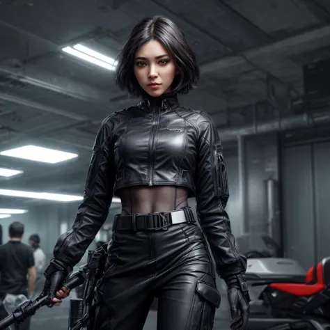 a woman in a black leather outfit holding a gun