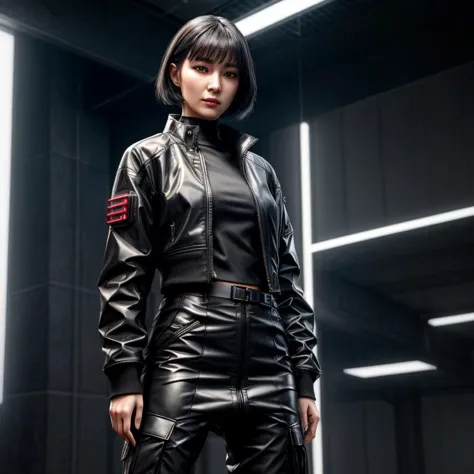 a woman in a black leather jacket and pants standing in a room