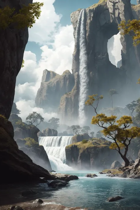 a waterfall in the middle of a rocky area with trees