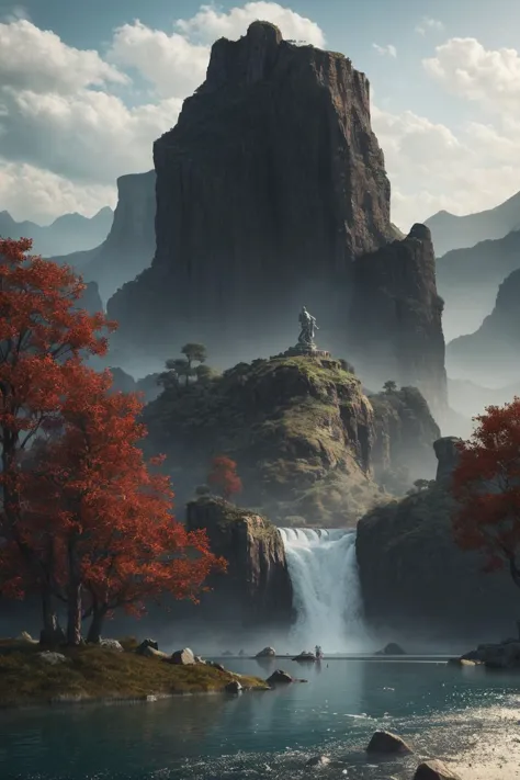 a view of a waterfall in a mountain with a man standing on a rock