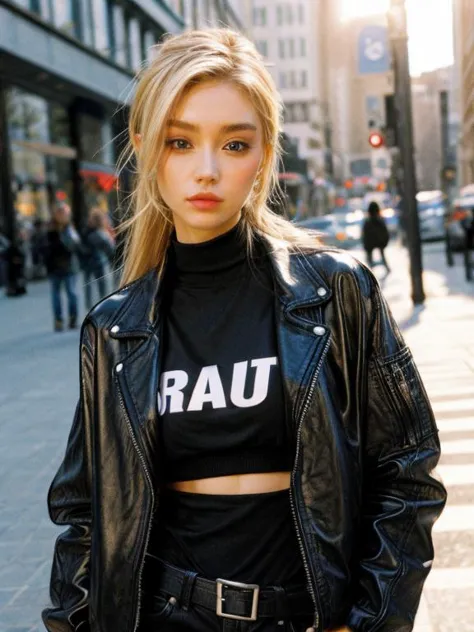 [{European | American} blondie (blonde straight hair, {hazel | ocean} captivating eyes, big lips, flawless tanned skin) girl in (streetwear outfit)], in a modern {techwear | club | moto jacket | influencer trending} outfit, {SFW | NSFW}, [attractive, rebel, girlboss, looking at viewer], {full body:1.4 | bust:1.2 | portrait:1} with detailed skin (highly detailed), dramatic pose, interesting composition, natural illumination, rich shadows, shallow depth of field, realistic bokeh, exquisite details, high-resolution, 35mm film, timeless elegance, 35mm photography, natural blurry, (HIGH-RESOLUTION RAW photo), (realistic, hyper-realistic:1.3), pristine, intricately detailed, flamboyant masterpiece, ultra- high definition, high resolution, (impeccable shadow), <lora:FilmVelvia2:1>, <lora:more_details:1>