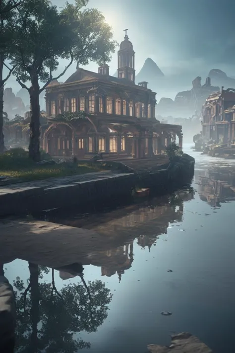 (8k, RAW photo, best quality, masterpiece:1.2), (realistic, photo-realistic:1.37), octane render, ultra high res, ultra-detailed , professional lighting, photon mapping, radiosity, physically-based rendering, ue5, ((island sanctuary)), ((ancient fallen kingdom)), ((reflections in water)), ((raytracing)), ((drowned city))