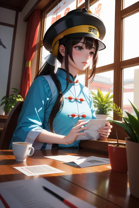 anime girl in a blue uniform sitting at a table with a cup of coffee