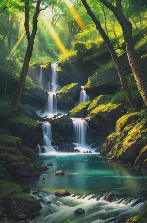 waterfall, river, forest, (sunrays), vibrant color, shimmering effect, (particles), masterpiece, high quality, extremely detaile...