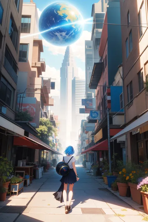 anime girl walking down a city street with a blue umbrella