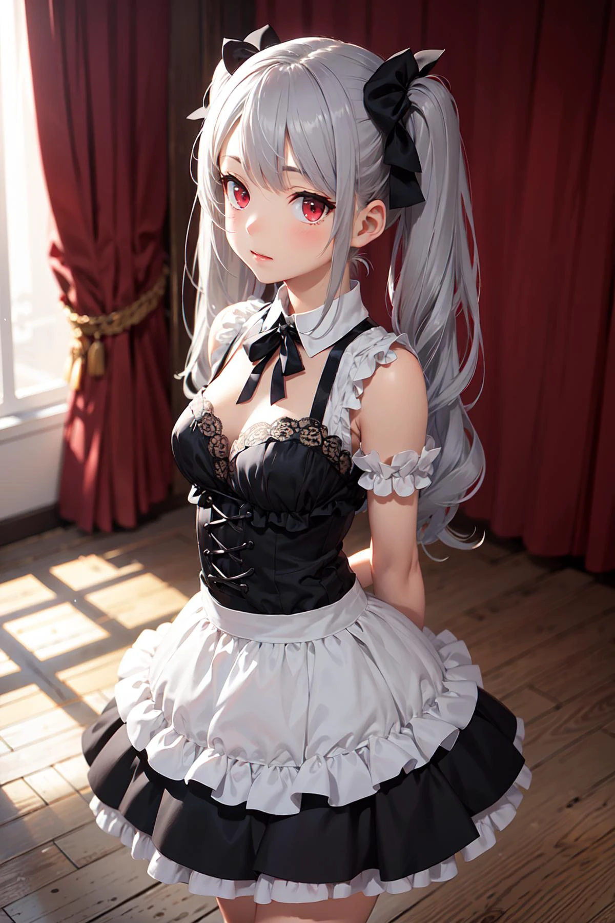 maid clothes,1girl,medium breasts,arms behind back,western background,indoors,(best quality, masterpiece:1.2),gray hair,twintail,red eyes,black dress,