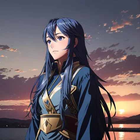 a woman with long blue hair standing in front of a lake