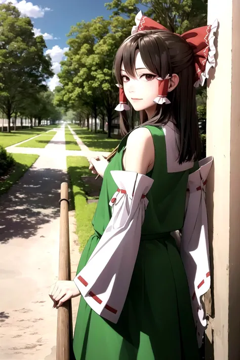 anime girl in green dress leaning against a pole in a park