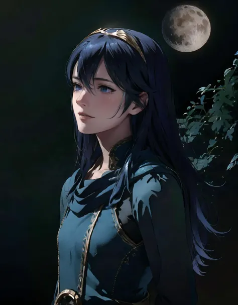 a woman with long hair and a blue dress standing in front of a full moon