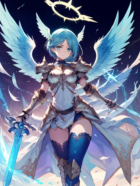 a woman with blue hair and wings holding a sword