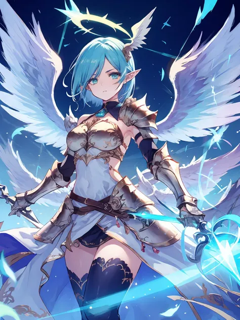 a woman with blue hair and wings holding a sword