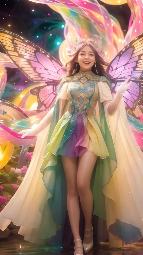 a woman in a fairy costume standing in front of a flower display