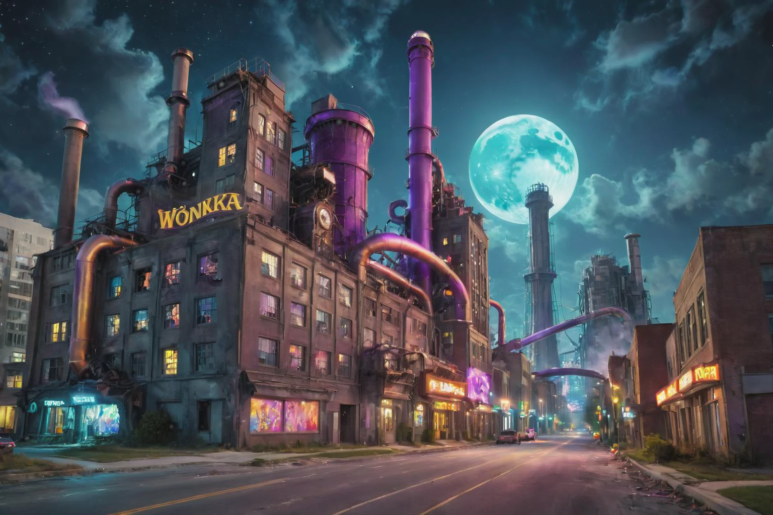 dramatisches Foto eines( Willy Wonka Fabrik:1.2), destroyed Stadt, Neonlichter zerstören, preisgekrönte Tierporträtfotografie, extrem detailliert, artstation, 8 k, sinnliches Licht, unglaubliche Kunst, artgerm, 
 Yofukashi-Hintergrund, Stadt, Nacht, sternenklarer Himmel, Mond, Stadtscape, Chromatische Abweichung, Wolkenkratzer, Stadt lights, Gebäude, Straße