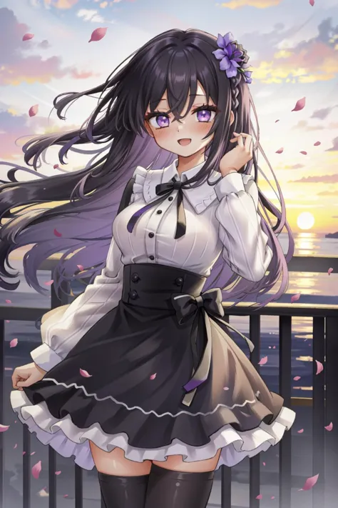 1girl, solo, skirt, long hair, smile, flower, hair ornament, striped skirt, vertical-striped skirt, shirt, hair flower, vertical stripes, white shirt, striped, sunset, sky, thighhighs, long sleeves, outdoors, very long hair, braid, :d, bangs, black hair, open mouth, purple eyes, blush, holding, black thighhighs, rose, breasts, looking at viewer, petals, cloud, hair between eyes, fence, frills, ribbon, high-waist skirt, center frills, medium breasts, purple flower, floating hair, bow, standing, hand up, frilled skirt, hair ribbon