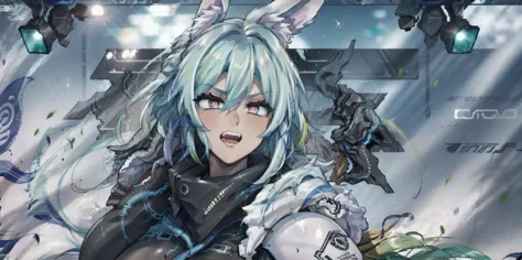 solo, 1girl, (white long fluffy bunny ears:1.5), (green hair:1.5), black military uniform, jacket, jet black skirt, red tie, oversized mechanical gauntlets, claws on fingers, violence, military,  mechanical parts, prosthetic quadruped, two legs, sfw, hdr, bokeh, very long hair, (piercing robotic red eyes), human hands, small breasts, expression chart,
