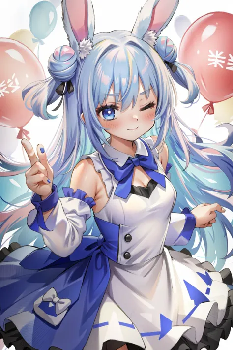 1girl, one eye closed, dress, solo, blue eyes, smile, long hair, blue hair, white dress, bow, blush, animal ears, rabbit ears, hair bow, holding, double bun, collarbone, hair rings, looking at viewer, detached sleeves, balloon, hair bun, closed mouth, ribbon, bangs, bare shoulders, two side up, blue bow, wand, heart, short sleeves, blue nails, ;), very long hair, frills, nail polish