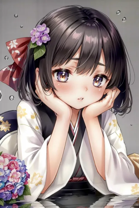 1girl, japanese clothes, solo, water drop, bangs, flower, looking at viewer, brown eyes, kimono, hydrangea, blush, black hair, on stomach, page number, parted lips, lying, bow, hair bow, simple background, shiny hair, hands on own face, head rest, floral print, shiny, wide sleeves, hair ornament, hands on own cheeks, short hair