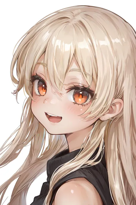 1girl, (solo:1.1), (looking at viewer, portrait:1.1), (blonde hair, light brown hair:1.1), (very long hair:1.2), (wavy hair:1.2), red eyes, orange eyes, (smile:1.2), white background, (from side, open mouth)