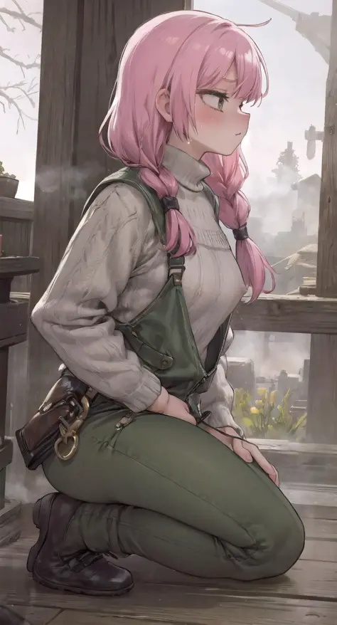 SFW, 1girl, solo focus, Masterpiece, best quality, detailed eyes, (style of skyrim:1.3), from side, looking away, mature female, old, medium Breasts, Skinny, Amused, Laughing,  covering mouth, on knees, Pullover, Suspenders, jeans, 20%flower trim, long hair, single braid, colored hair tips, dark green hair, pink hair big hair, low-braided long hair, rainbow hair Nehru Jacket with open front, Overalls, spiked clothes nsfw