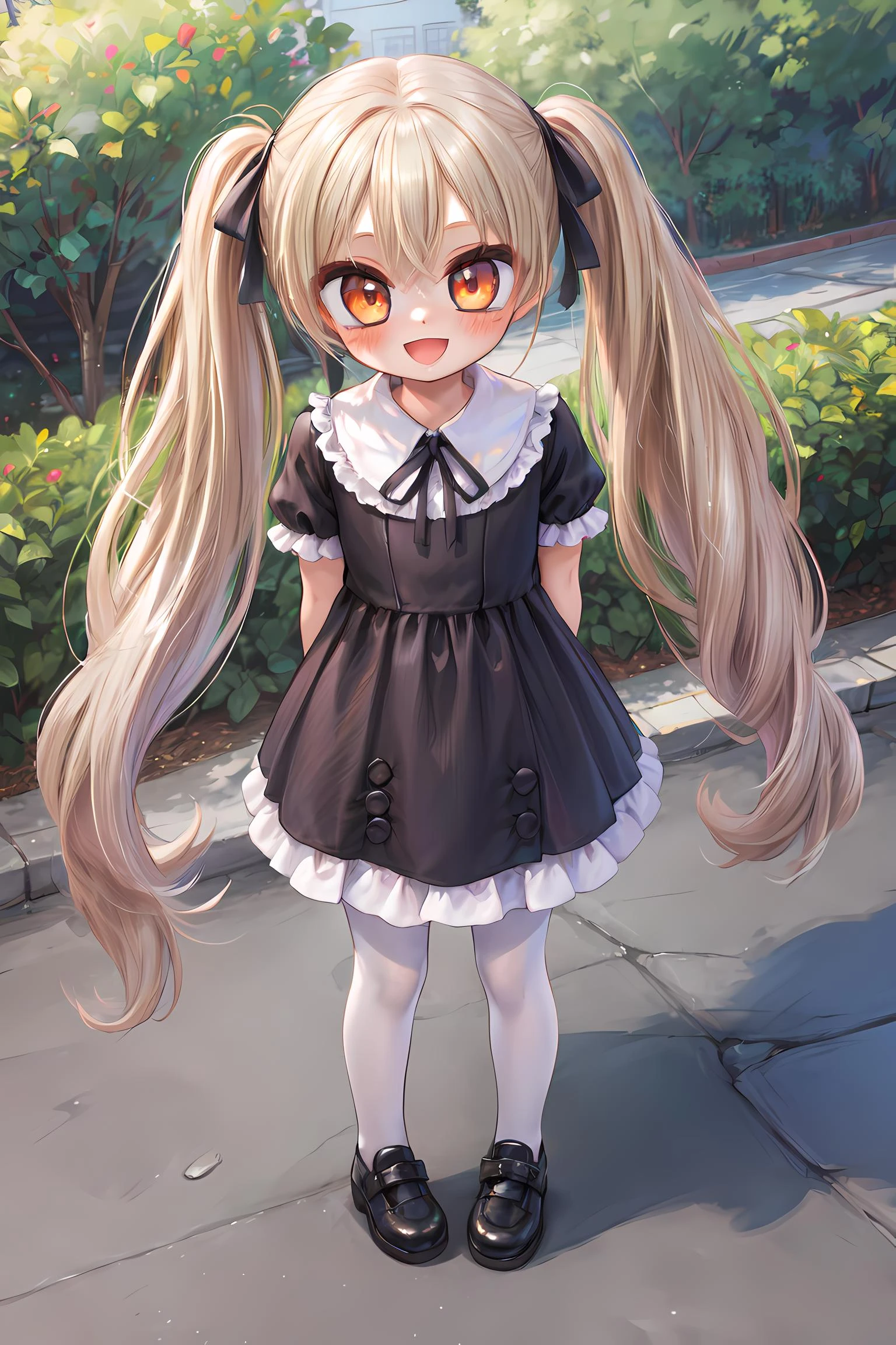 AS-YoungerV2, (picture-perfect:1.2), 1girl, (solo:1.1), (looking at viewer:1.2), (blonde hair, light brown hair:1.1), (very long hair:1.3), (wavy hair:1.2), (twintails:1.1), red eyes, orange eyes, (smile, blush, :d:1.2), (outdoors:1.1), (full body:1.2), standing, (black dress, frilled dress, long dress, white pantyhose:1.1), short sleeves, from above, arms behind back, ribbon