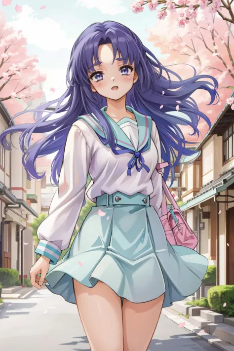 asakuraryouko, kita_high_school_uniform, bright and sunny outdoor setting, illustrated by ai yoshitome or laura london, background with pastel dreamy colors, with pink and blue hues, high resolution and sharp focus, art nouveau or manga inspired with detailed accessories, trending on artstation.