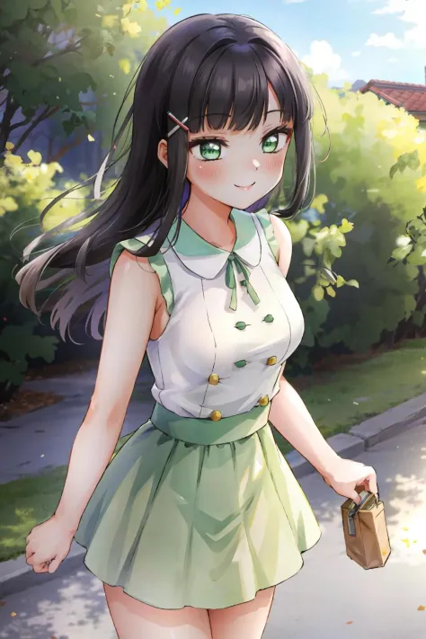 kurosawa dia, solo, kurosawa dia, green eyes, hair ornament, long hair, medium breasts, smile, outdoors, 