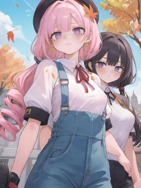 masterpiece, best quality, highres,2girls, from below, upper body, pink eyes, long hair, side braid, pink hair, drill sidelocks, small breasts, mole under eye, military hat, hat ornament, over-kneehighs, bow legwear, gym shorts, {shy}, neck ribbon, purple eyes, heart-shaped pupils, very short hair, black hair, medium breasts, freckles, headdress, overalls, flying sweatdrops, earrings, autumn leaves, blood splatter