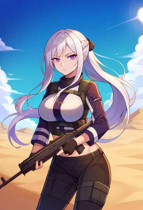 score_9, score_8_up, source_anime  BREAK solo, 1girl,  looking at viewer, cowboy shot, dutch angle,
 <lora:Ak12PdxlDwnsty-000008:1>, ak12chick, purple eyes, white hair, long hair, sidelocks, ponytail, hair ribbon, french braid,black tactical clothes, multicolored jacket, long sleeves, black gloves, partially fingerless gloves, black pants,ak-12, kalashnikov rifle, holding weapon, fighting stance, 
curvy, large breasts, serious, 
desert, sunlight, sand, hills, blue sky, horizon,