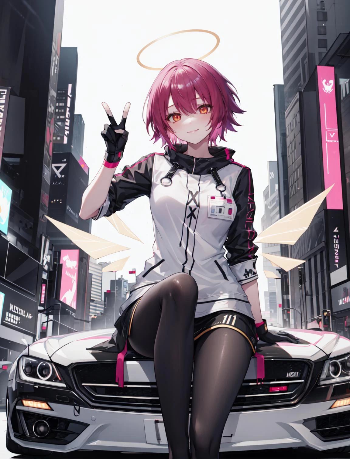 exusiai \(arknights\),  1girl, solo,main_outfit, sitting on the car, black gloves, pantyhose, halo, detached wings, energy wings, smile,peace sign,  cyberpunk city, neon lights, night ,car 