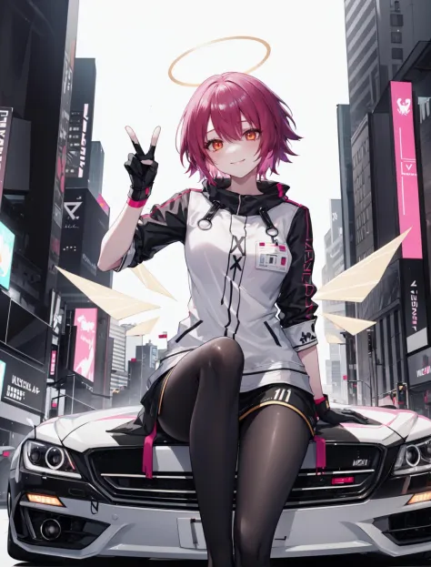 exusiai \(arknights\),  1girl, solo,main_outfit, sitting on the car, black gloves, pantyhose, halo, detached wings, energy wings...