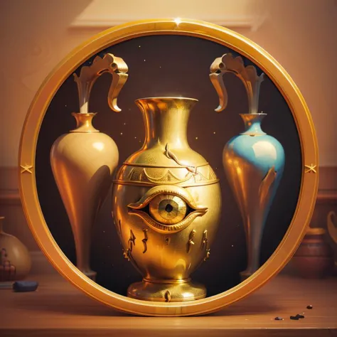 ((masterpiece,best quality)), absurdres, <lora:Egyptian_Icons:0.8>, Egyptian_Icons, no humans, still life, gold, sparkle, hieroglyphs , egyptian symbols, eye,  vase, Canopic jar,