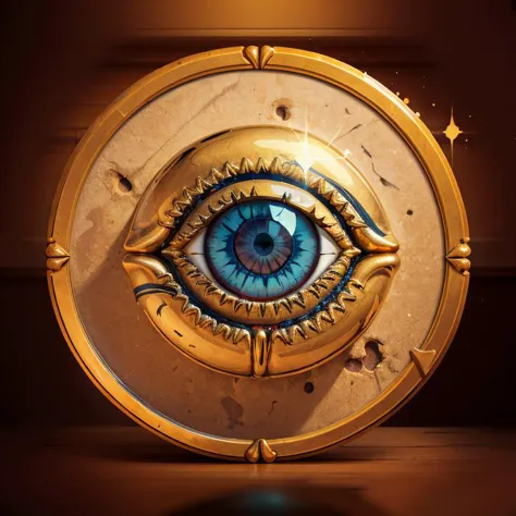 a close up of a gold plate with a blue eye on it