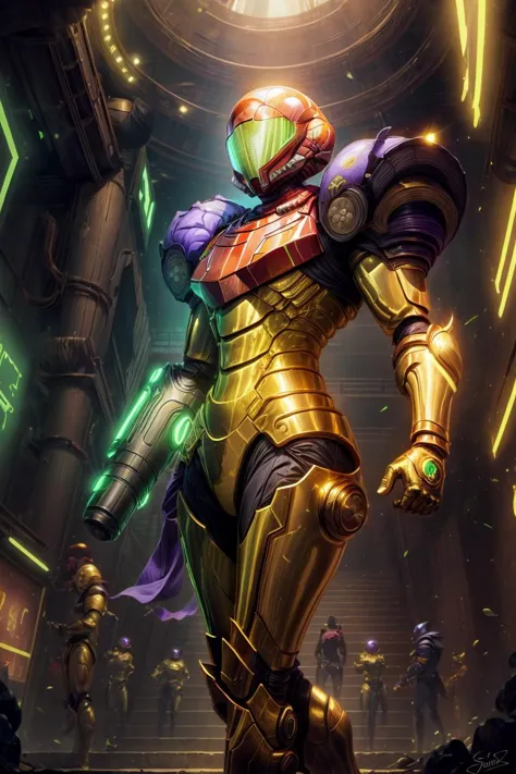 shiny metal,  <lora:more_details:0.7>, ((masterpiece,best quality)),  <lora:Samus_Varia_Suit:0.8>,  samus aran,  helmet,  <lora:Egyptian_Icons:0.5>, Egyptian_Icons, still life, gold, sparkle, golden outfit, iridescent gold, golden necklace, golden anklets, golden bracelets, golden belt, golden chain decoration, (purple armor:1.2), science fiction, varia suit, arm cannon, aura, glowing, neon trim,   solo, cowboy shot,  (pyramid, outside, futuristic, city background:1.1),