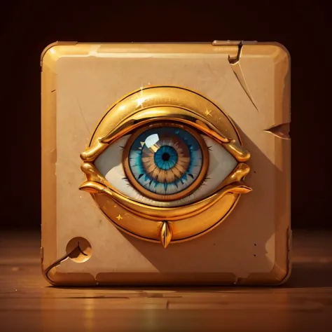 a close up of a gold and blue eye on a wooden surface