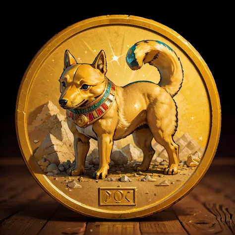 a close up of a dog on a coin on a wooden surface