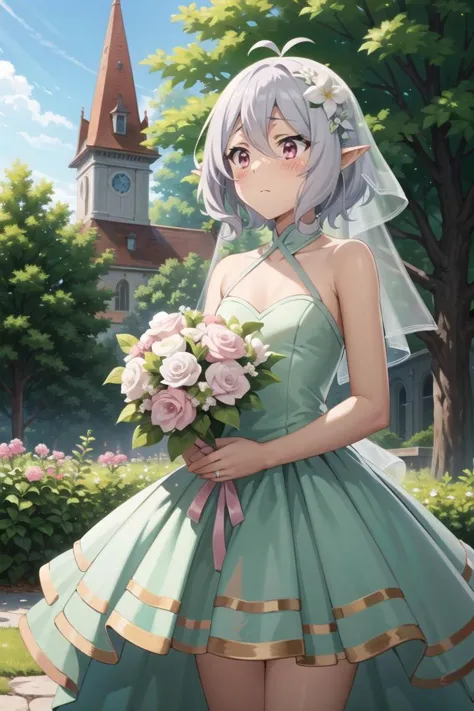 masterpiece, best quality, cowboy shot, 1girl, small chest, light green bride veil, <lora:wedding_princess:0.25>, light green wedding princess dress, standing, holding bouquet, 
 <lora:PrincessConnect_Kokkoro:0.6>, Kokkoro, grey hair, short hair, antenna hair, pink eyes, hair flower, pointy ears, looking away, blush, shy,
in front of church, in the garden,