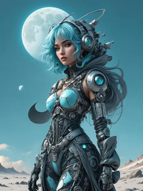 ais-rbts Woman wearing an outrageous fashion outfit, Barren moon surface with craters in the background,,,,  subtle touches of c...