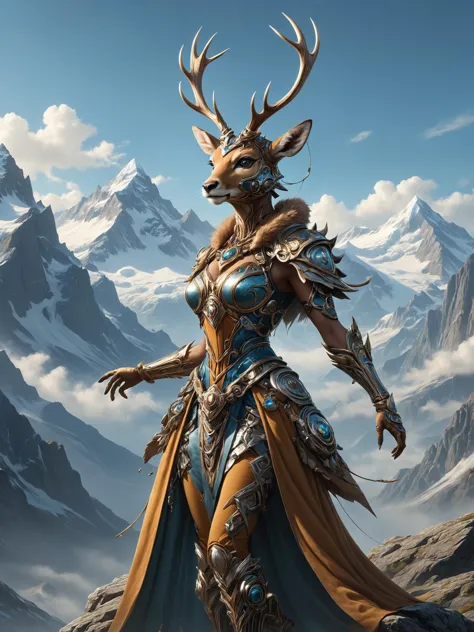 ais-rbts anthro Deer wearing an outrageous fashion outfit, Rocky mountain peaks under clear sky in the background,,,,  Anthropomorphized, casting epic spell, magic the gathering artwork, D&D, fantasy, cinematic lighting, centered, symmetrical, highly detailed, digital painting, artstation, concept art, smooth, sharp focus, illustration, volumetric lighting, epic Composition, 8k, art by Akihiko Yoshida and Greg Rutkowski and Craig Mullins, heroic