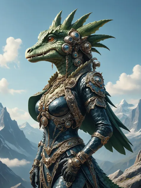 ais-rbts anthro Alligator wearing an outrageous fashion outfit, Rocky mountain peaks under clear sky in the background,,,,  Photorealistic beautiful glamourous face and figure, art nouveau, mid-shot, highly detailed, trending on ArtStation, Unreal Engine 4k, cinematic wallpaper by Stanley Artgerm Lau, WLOP, Rossdraws, James Jean, Andrei Riabovitchev, Marc Simonetti, and Sakimichan