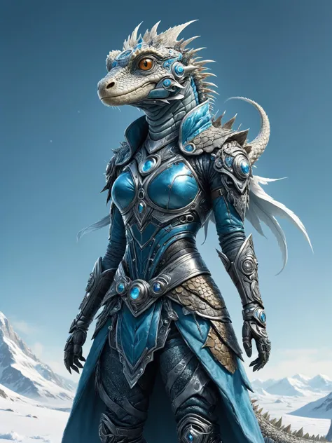 ais-rbts anthro Monitor Lizard wearing an outrageous fashion outfit, Frozen tundra with icy winds in the background,,,,  Anthrop...