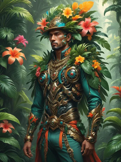 ais-rbts Man wearing an outrageous fashion outfit, Tropical rainforest with vibrant flora in the background,,,,  intricate, eleg...
