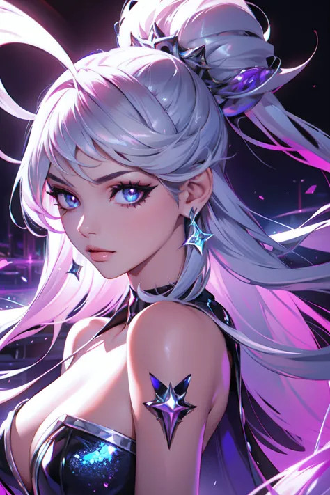 1 garota, cabelo prateado esvoaçante, diamantes, brilhante, cristais, Glamouroso, pop star, KDA_Todos_fora, tiro na parte superior do corpo, Arte inicial de League of Legends,  