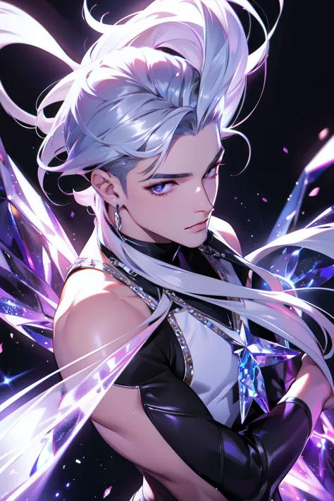 1boy, flowing silver hair, diamons, shiny, crystals, glamorous, popstar, KDA_ALL_OUT, upper body shot, League of Legends Splash ...